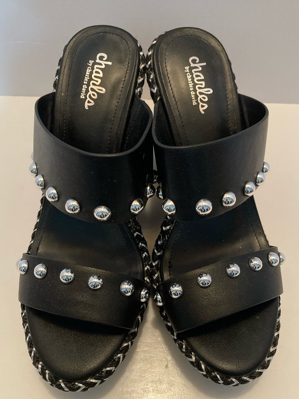 Charles by Charles David Black Leather Stud Slide Mules. Item# TShls2